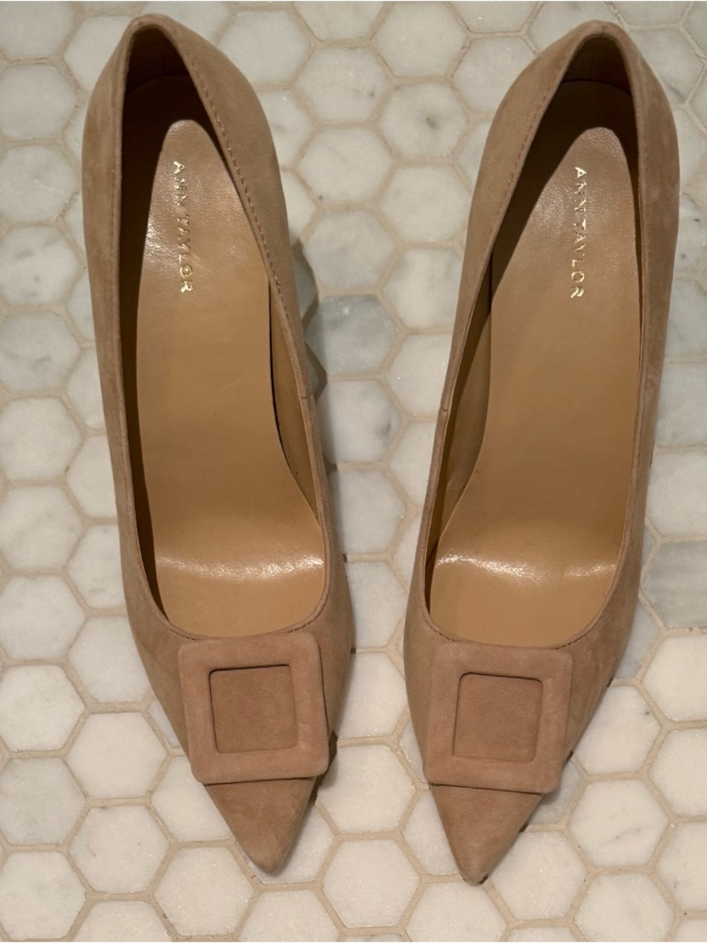 Ann Taylor Taupe Suede Pointed-Toe Heels with Square Buckle
